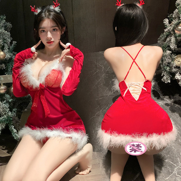 Mannyan sexy christmas lingerie set - plush velvet halter nightdress & short skirt costume outfit for new year, featuring fes...