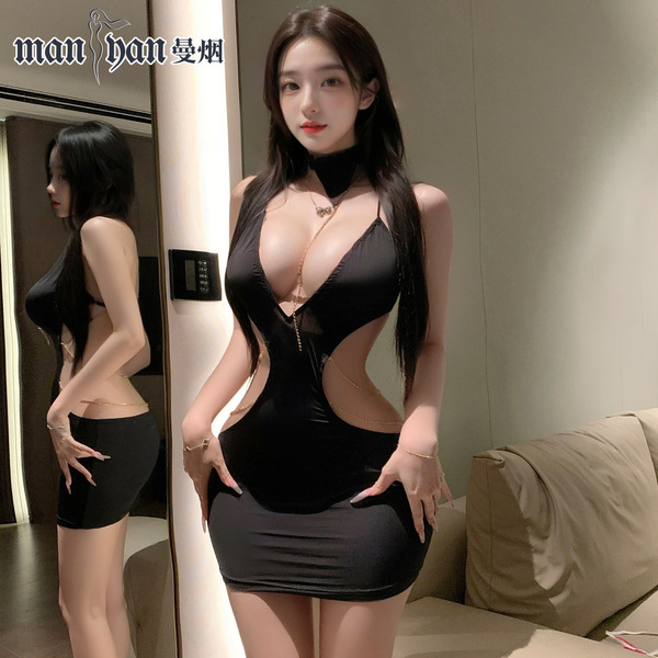 Sexy deep v design, halter neck, short skirt, secretary style lingerie set for women.