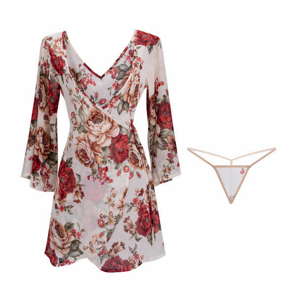 Mannyan sexy floral deep v-neck silk robe with sheer kimono sleep set - elegant lingerie nightwear