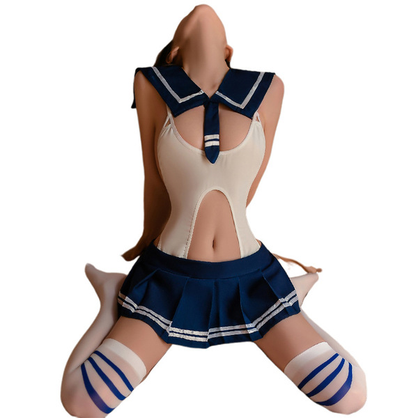 Sexy lace bodysuit featuring cute sailor uniform design, perfect jk style outfit with sheer cutouts and thigh-high stockings.