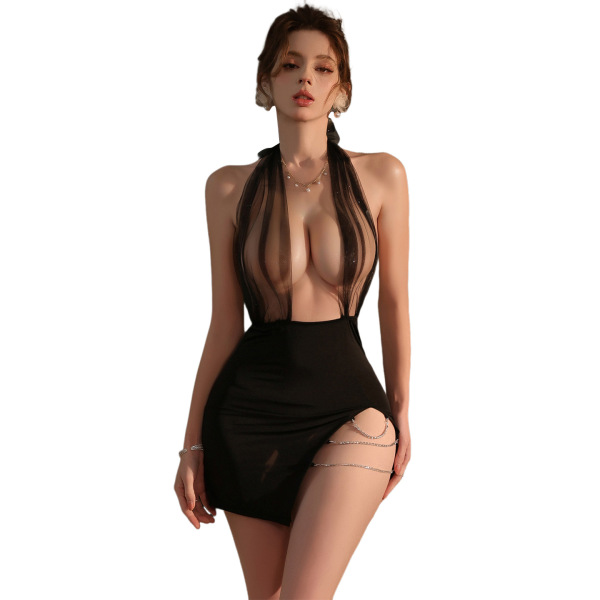 Woman wearing mannyan sexy lace bodysuit dress with sheer mesh, halter neck, and cut-out details.