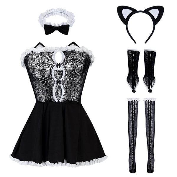 Mannyan sexy lace bodysuit set with cat ears, bow headband, and sheer stockings for womens catgirl maid sleepwear outfit.