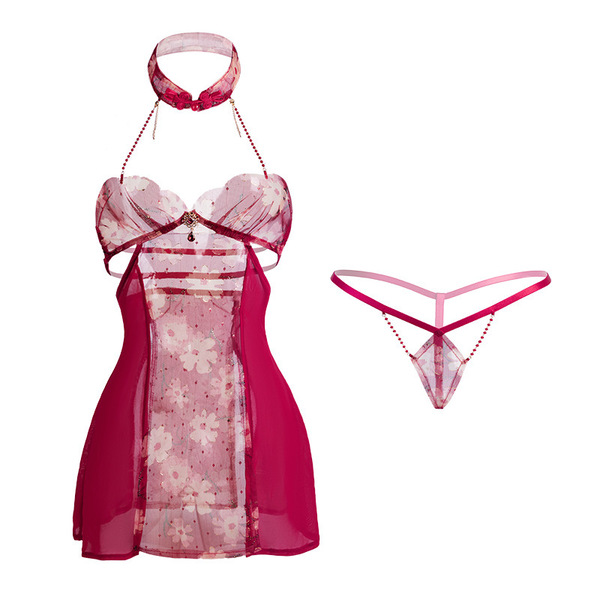 Mannyan sexy lace cheongsam bodysuit - sheer halter neck, mandarin collar & high slit red new year lingerie