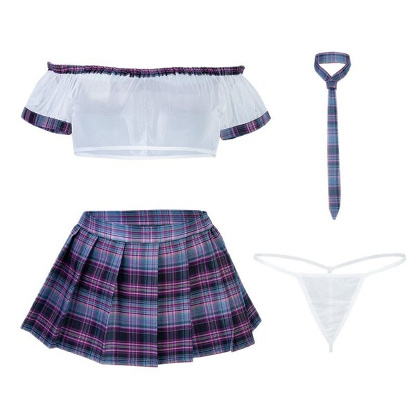 Mannyan sexy lace crop top & sheer pleated skirt set - one-shoulder school uniform style outfit for women