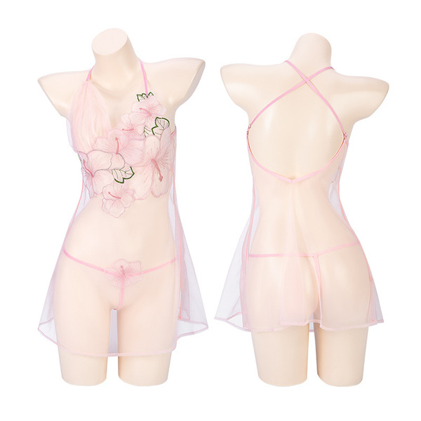 Mannyan sexy lace sleep dress - deep v transparent slip dress with floral print, uniform style nightwear set