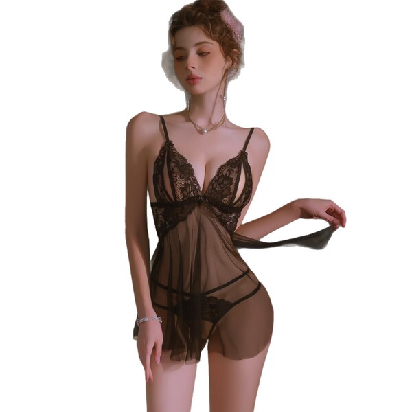 Woman wearing mannyan sexy lace sleep dress – sheer mesh nightgown with open-crotch, cut-outs & adjustable straps.