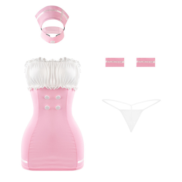 Pink mesh bodysuit with lace trim, matching hat, arm bands, and thong. sheer sweetheart airline uniform dress for women by ma...
