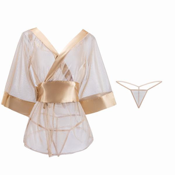Mannyan sexy lingerie set - sheer mesh deep v-neck kimono style robe, japanese-inspired costume outwear with matching underwe...