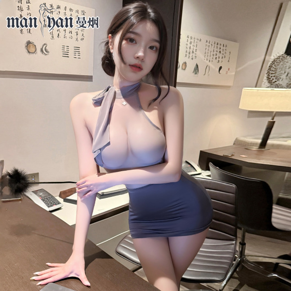 Woman modeling mannyan sexy lingerie set featuring sheer secretary skirt, seductive bodysuit, and transparent sleepwear in of...