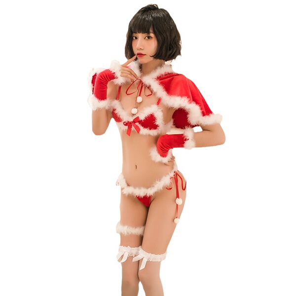 Sexy red hood christmas costume with fluffy details, flirty lingerie set featuring matching bra and panty.