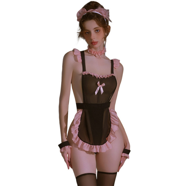Woman wearing mannyan sexy lingerie set - sheer black maid costume with pink lace, bow headband, and adjustable straps.