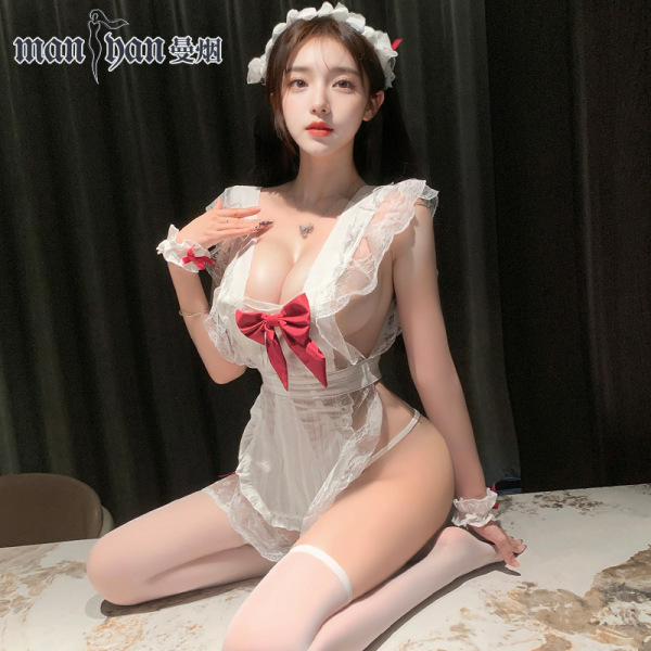 Woman wearing mannyan sexy maid costume set with white lace, red bow, and thigh-highs for cosplay or date night.