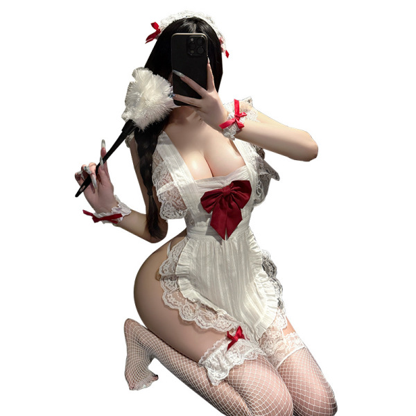 Woman in white lace maid costume with red bow, fishnet stockings, and feather duster – mannyan sexy maid set for cosplay.