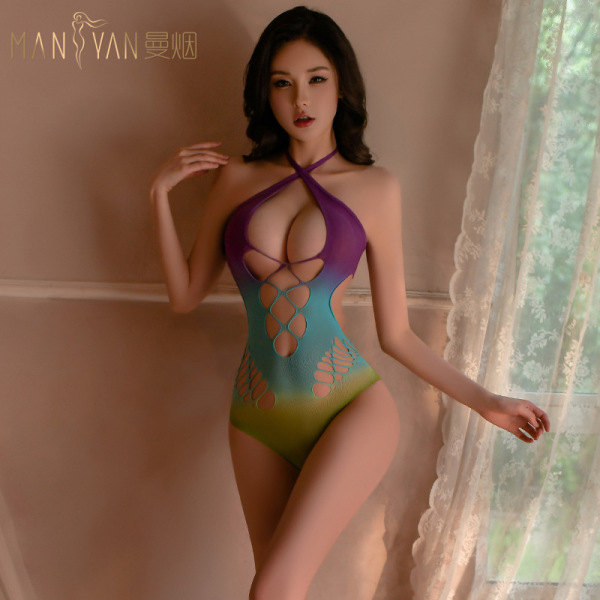 Woman modeling mannyan sexy mermaid bodysuit - gradient sheer mesh halter corset set with adjustable ties, featuring cutout d...