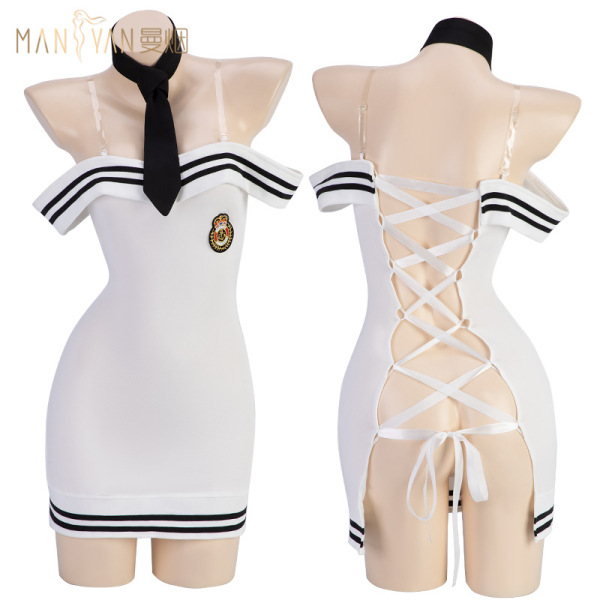 Mannyan sexy one-shoulder navy airline uniform set for women with back-tie corset and cut-out detail.