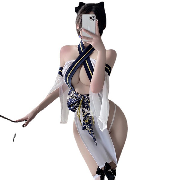 Mannyan sexy oriental kimono lingerie set - japanese-inspired split neck cross-back costume outfit for women, featuring a rev...