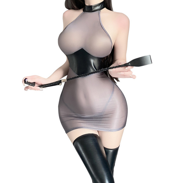 Sexy pvc lace bodysuit with sheer mesh pencil dress, perfect secretary costume set for women.