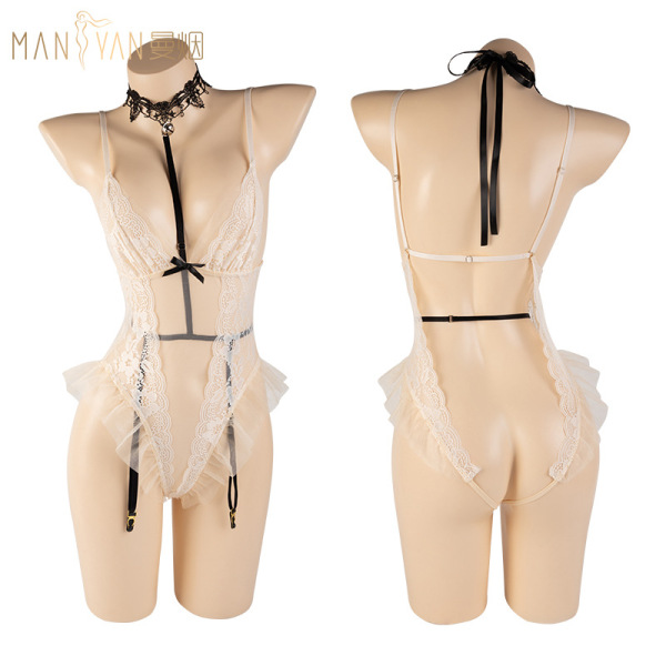 Mannyan sexy sheer halter sleepwear - lacy pure-temptation bodysuit with open-crotch design for intimate moments
