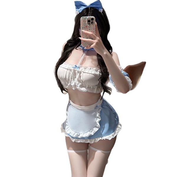 Mannyan sexy strapless maid dress set - seductive split skirt costume with detachable apron & lace trim