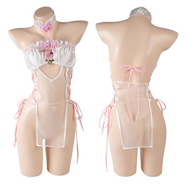 Mannyan spring peach blossom cheongsam lingerie - sheer vintage sleep dress, sensual & flirty no-remove design