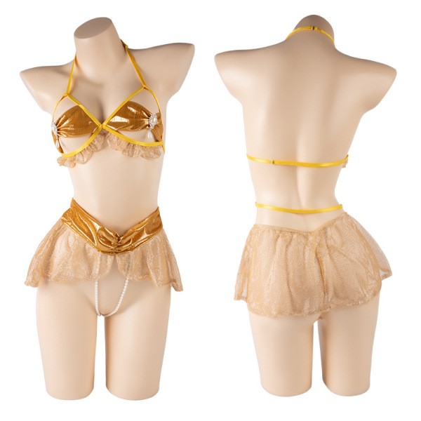 Gold and yellow lace lingerie set with pearl detail, featuring a bra top and open-crotch skirt for intimate play.
