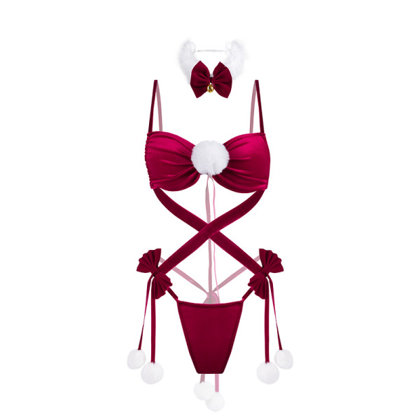 Mannyan velvet sexy bodysuit - christmas lingerie set with deep v-neck, ties & pom-poms for festive nights