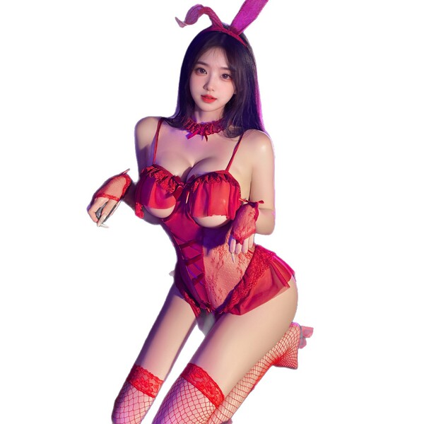 Sexy mannyan new year bunny costume featuring a bodysuit with garter straps and open-crotch design, perfect for role play and...