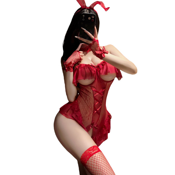 Sexy bunny-themed bodysuit with sheer design, open crotch style, perfect for christmas role play costumes.