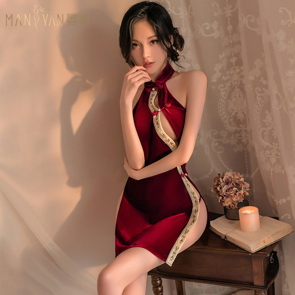Elegant red velvet cheongsam lingerie featuring lace-up front and high slit, perfect for festive occasions.