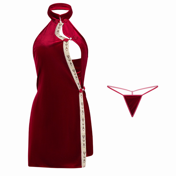 Mannyan new year cheongsam lingerie - sexy velvet chinese-style qipao with lace-up front & high slit