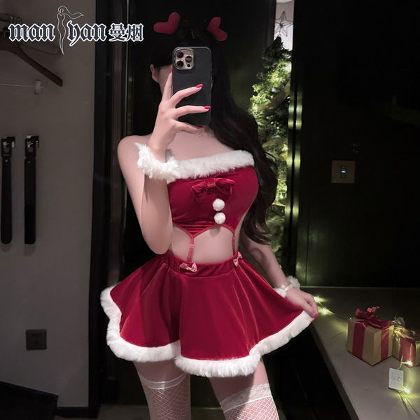 Mannyan new year lingerie set - fluffy trim skirt & strapless top, christmas reindeer costume for women