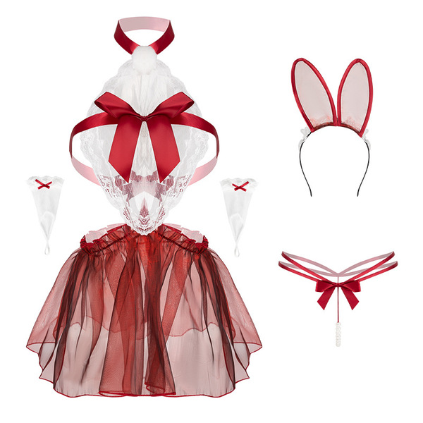Mannyan new year lingerie set featuring lace halter bodysuit with red ribbon accents, bunny ears headband, and matching acces...