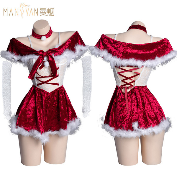 Mannyan new year lingerie set - pure & tempting sleep dress, sexy uniform style christmas costume kit featuring red velvet wi...