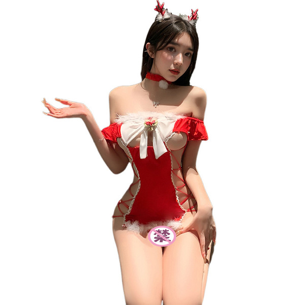 Mannyan new year lingerie set - red sexy bodysuit with lace cutouts & tied waist sleep dress