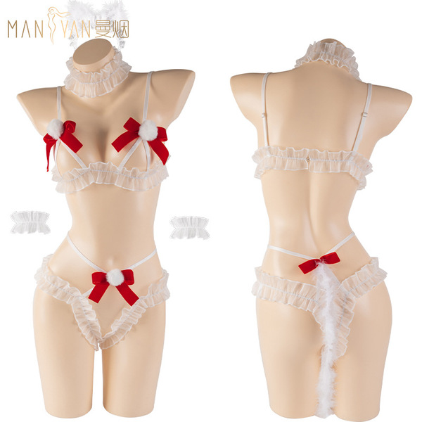 Mannyan new year lingerie set - sexy lace bodysuit with bow & open-crotch design for christmas