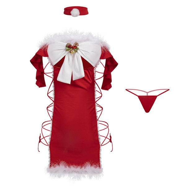 Mannyan new year lingerie set featuring a festive reindeer christmas costume with a red dress, white fur trim, and matching h...