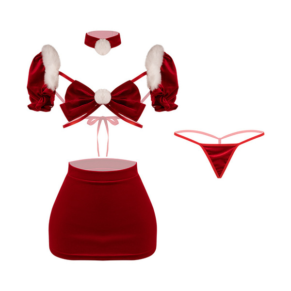 Mannyan new year lingerie set - sexy sleeveless bodysuit with bow & skirt, christmas costume outfit featuring festive red col...