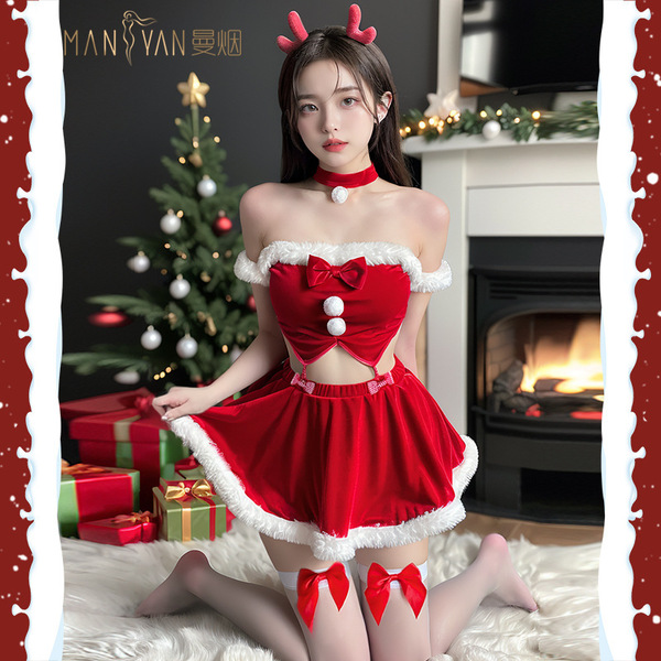 Sexy velvet off-shoulder christmas reindeer costume outfit by mannyan, perfect for festive celebrations with festive decorati...