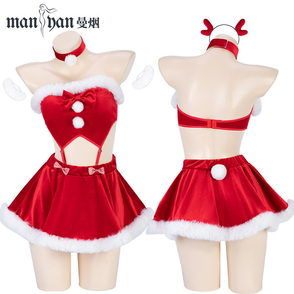 Mannyan new year lingerie set - sexy velvet off-shoulder reindeer costume bodysuit & bra top, festive red design with white f...