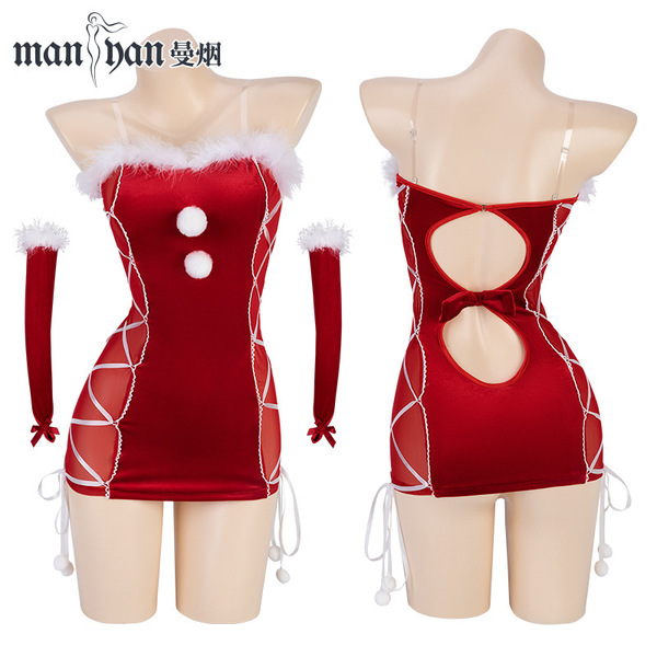 Mannyan new year sexy bodysuit set - christmas bunny girl costume with fuzzy mini skirt & bodycon dress