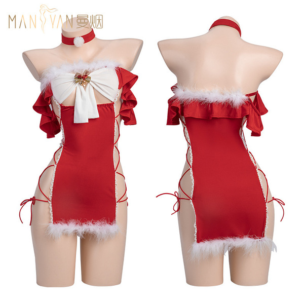 Mannyan new year sexy lingerie set - red strapless bodysuit & bodycon nightdress christmas costume outfit featuring festive r...