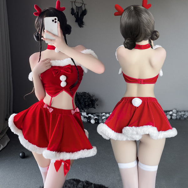 Sexy reindeer-themed christmas costume featuring a red velvet two-piece set with white fur trim, perfect for festive occasion...
