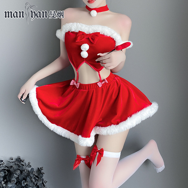 Sexy reindeer costume lingerie for christmas, featuring a red velvet two-piece set with white fur trim and festive bow detail...
