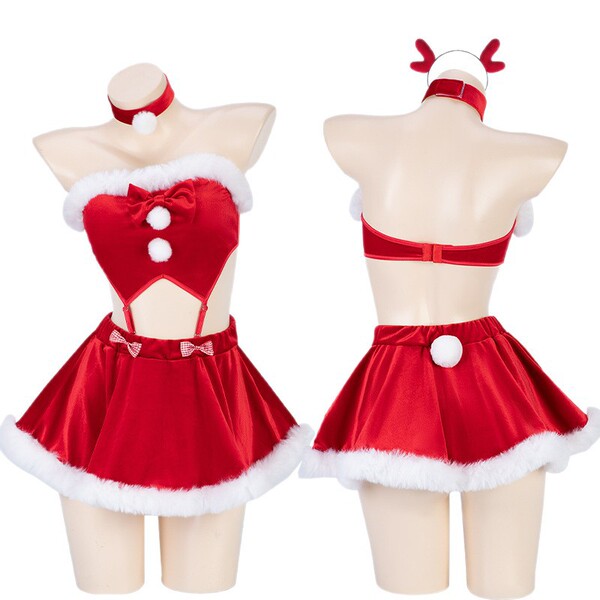 Mannyan new year velvet strapless two-piece set - sexy reindeer costume lingerie for christmas, featuring festive red with wh...