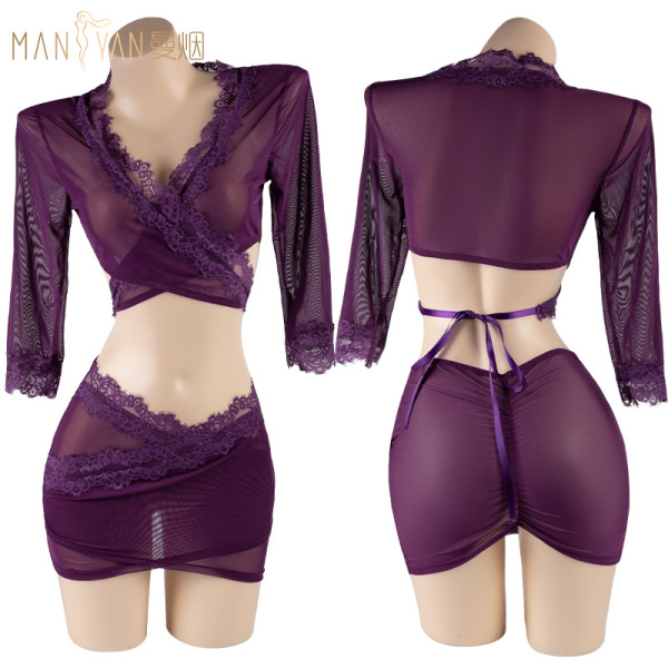 Purple sheer mesh bodycon dress with deep v neckline and lace trim, featuring a back tie detail for a sexy lingerie look.