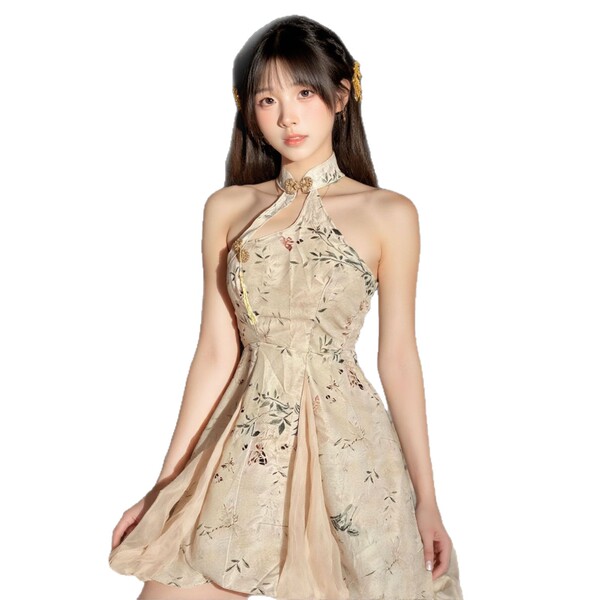 Vintage-inspired floral qipao with knotted neck and open back design, perfect for elegant evening wear.
