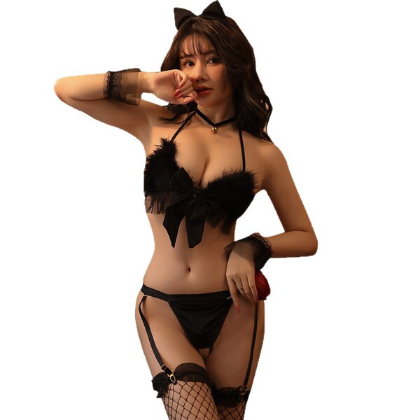 Sexy black feathered bodysuit with bow detail, backless thong design, cat ears, and fishnet stockings – seductive wife style ...