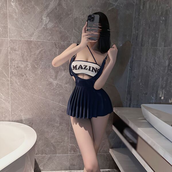 Mazino bikini set featuring a plunging crop top with mazino branding and a pleated skirt, perfect for cosplay, night out, and...