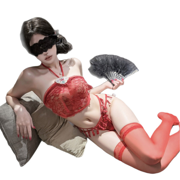 Red lace bodice and matching bottoms set, featuring vintage design elements, perfect for date night attire.