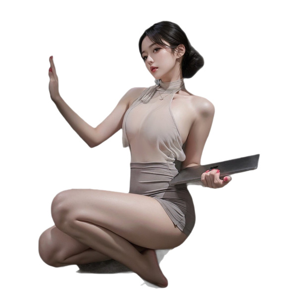 A woman poses elegantly in a sheer, form-fitting dress designed as a sensual lingerie set. the outfit features a halter neck ...